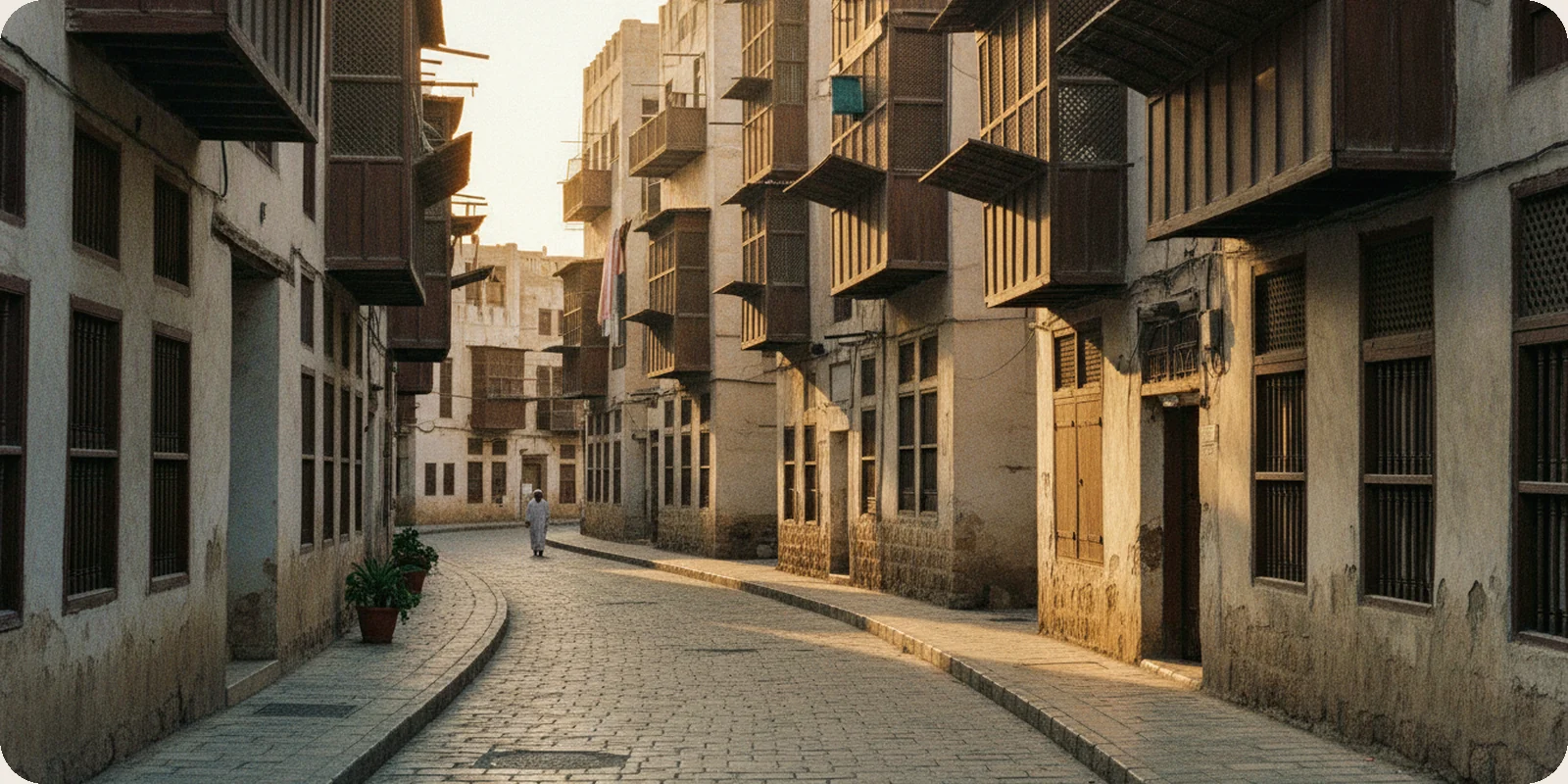 Tall coral-stone houses with carved wooden balconies along a quiet lane in Jeddah's historic Al-Balad district, in warm late afternoon light.