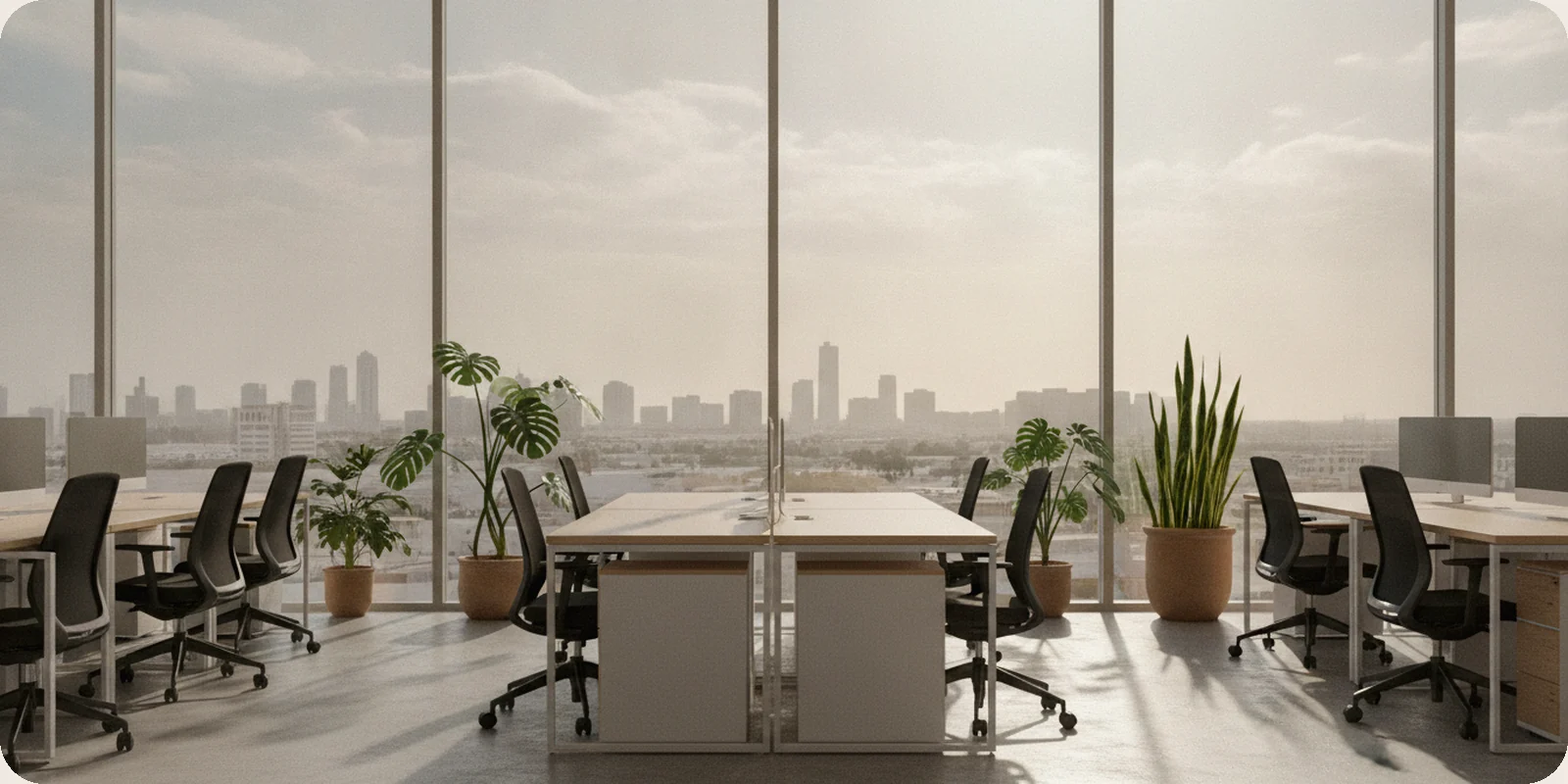 A bright modern office in Riyadh with floor-to-ceiling windows, pale desert light, light wood desks, plants and empty chairs, and a low city skyline outside.