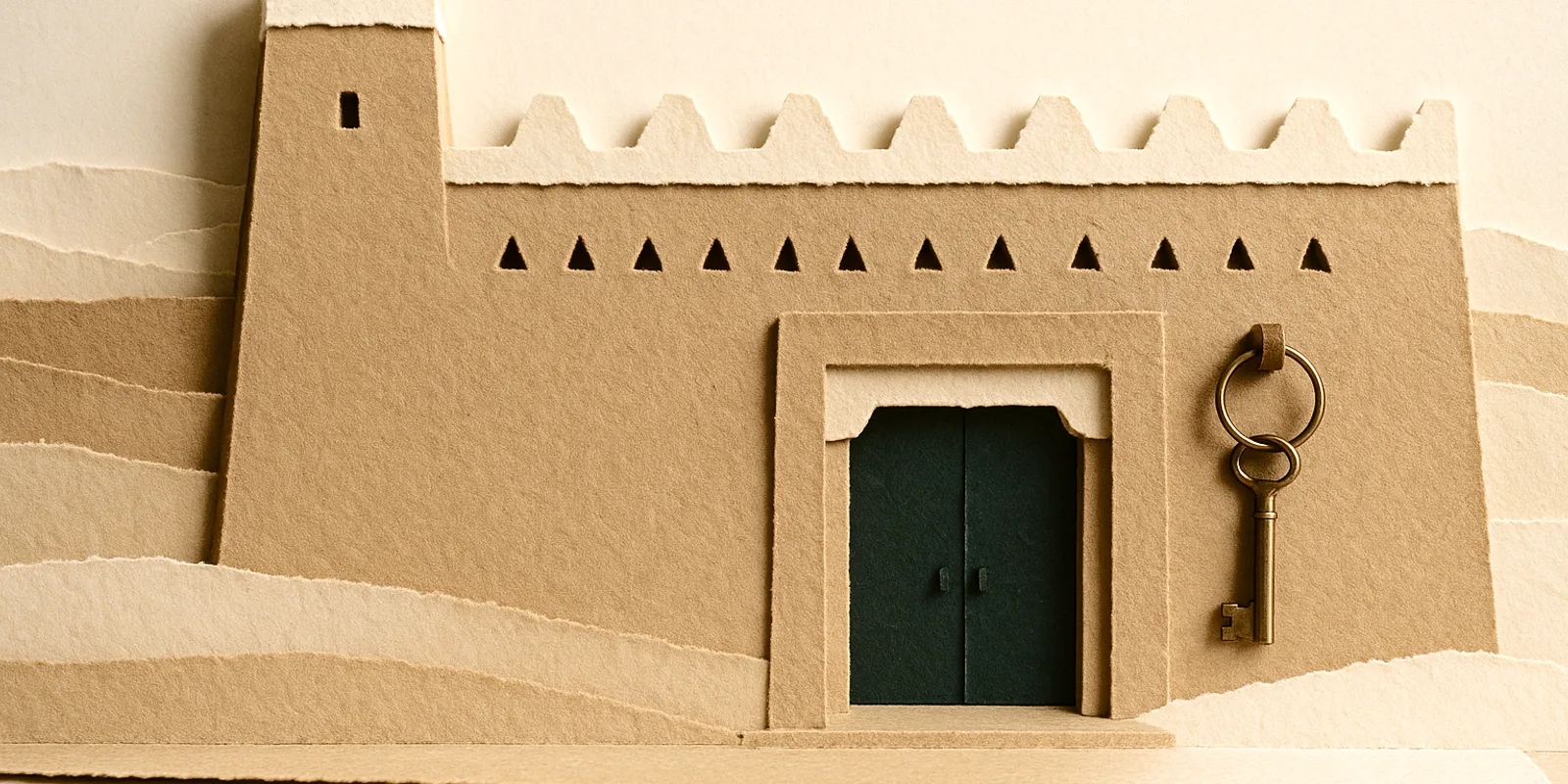A layered cut-paper Najdi wall with stepped crenellations, a dark green gateway and a brass key on a ring, for visa sponsorship in Saudi Arabia.