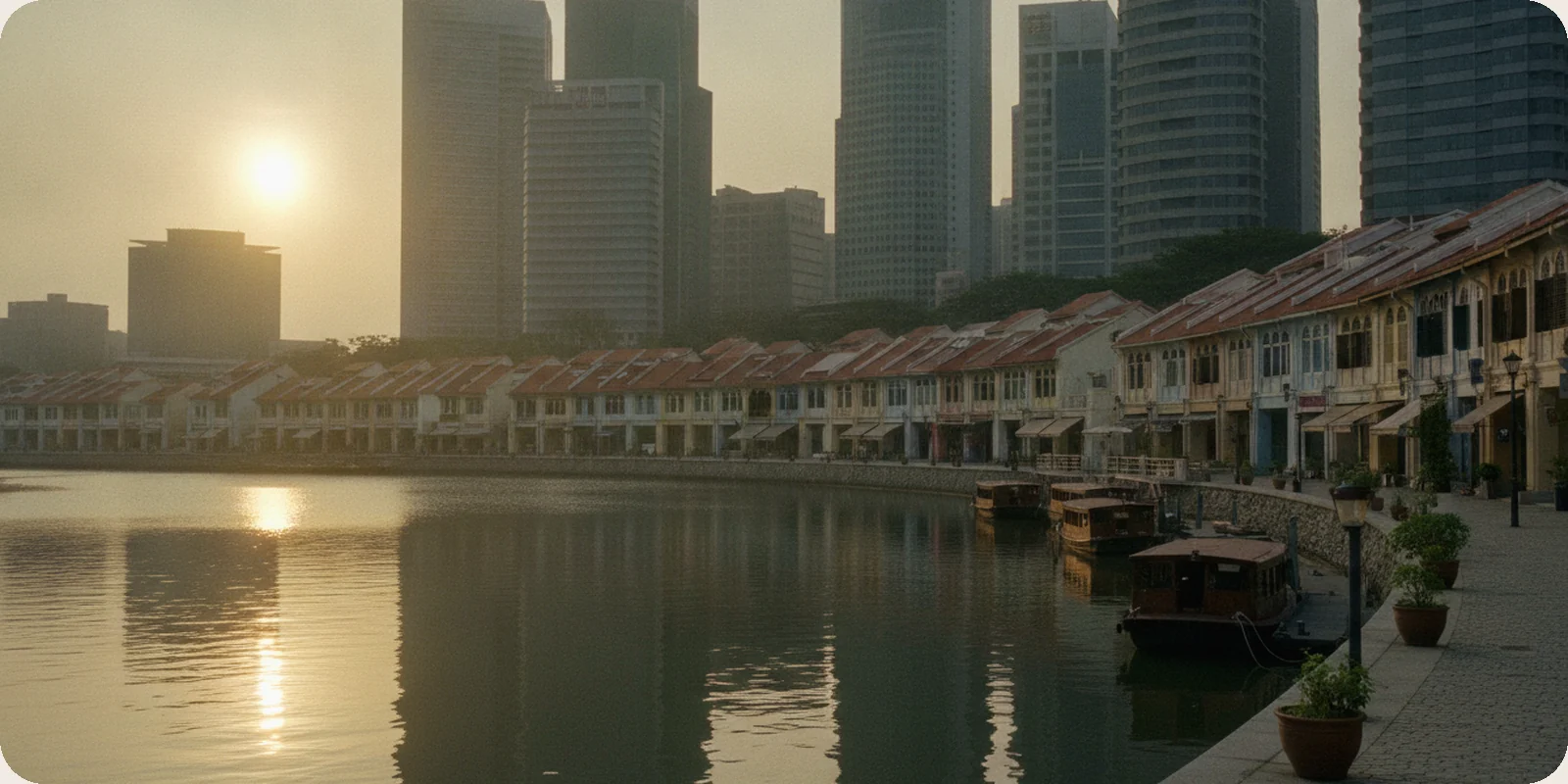Old shophouses with tiled roofs curving along the Singapore River at Boat Quay, with office towers behind them and calm water in soft early morning light.