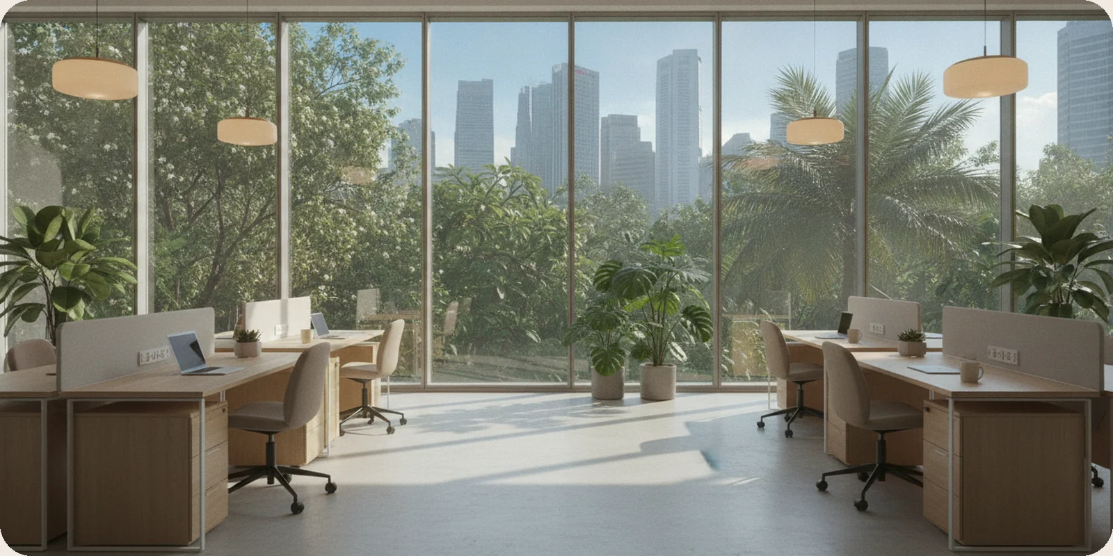 A bright modern office in Singapore with floor-to-ceiling windows looking out onto tropical trees and city towers, light wood desks, plants and empty chairs in soft morning light.