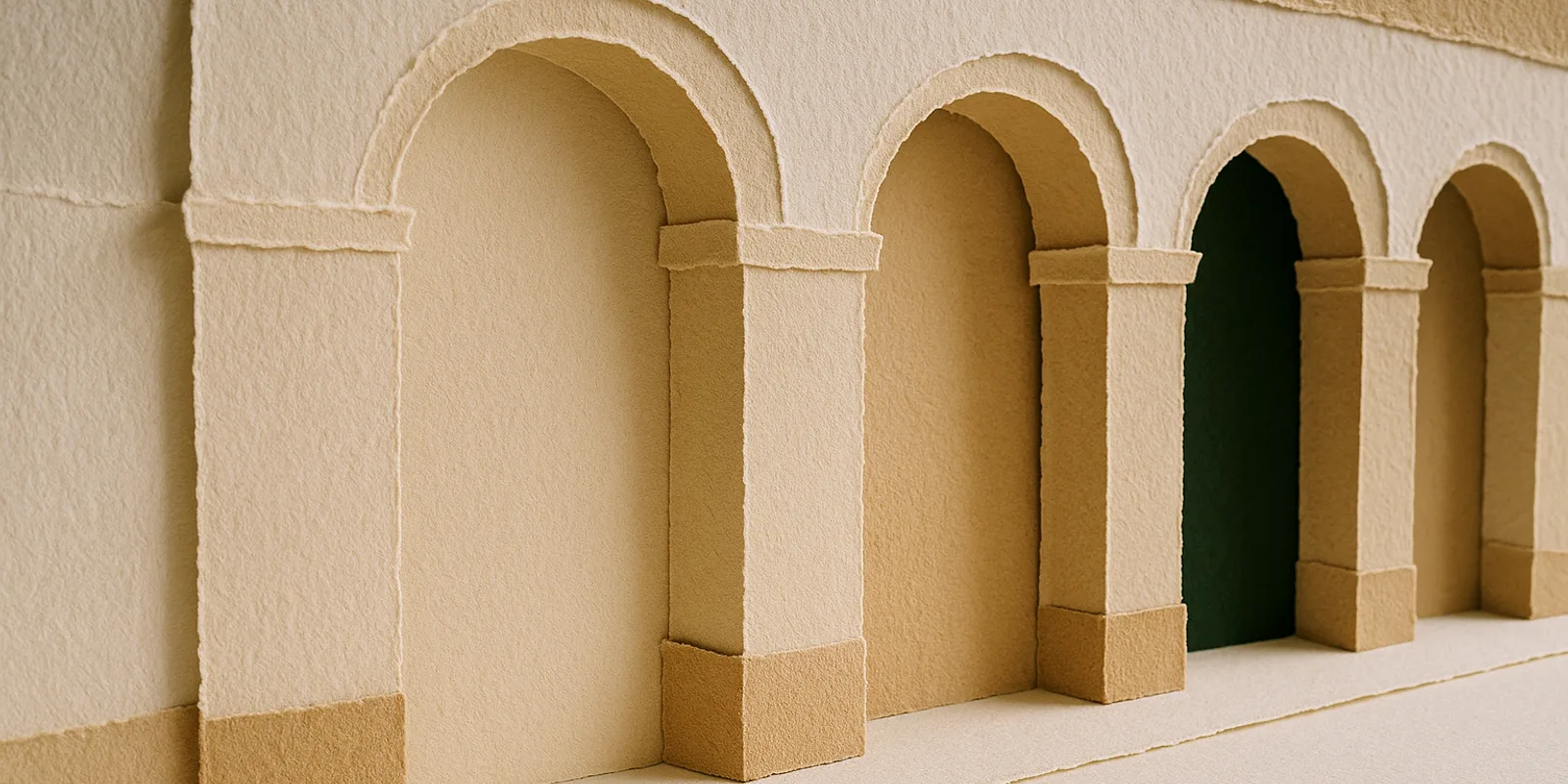 A layered cut-paper arcade of round arches with dark green paper through one arch and a ceramic tile, for a first hire in Spain.