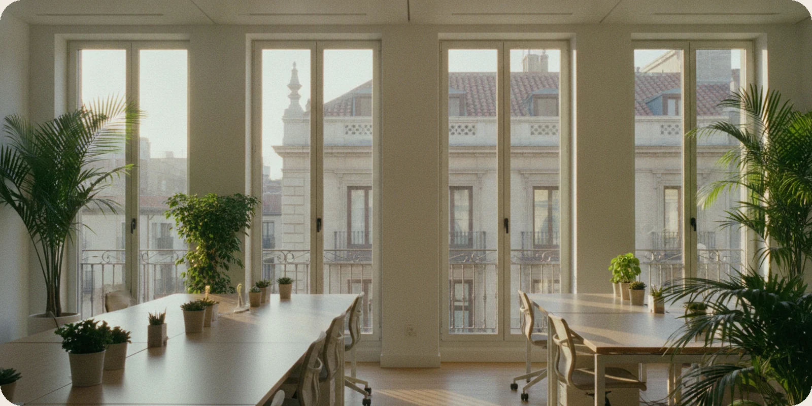 A bright modern office in Madrid with tall windows looking onto classic stone buildings with iron balconies, light wood desks, plants and empty chairs in soft morning light.