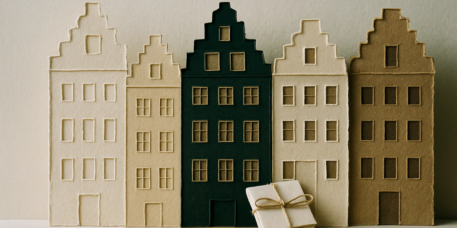 Layered cut-paper Stockholm houses with stepped gables, one dark green, and a twine-tied bundle on the step, for a first hire in Sweden.