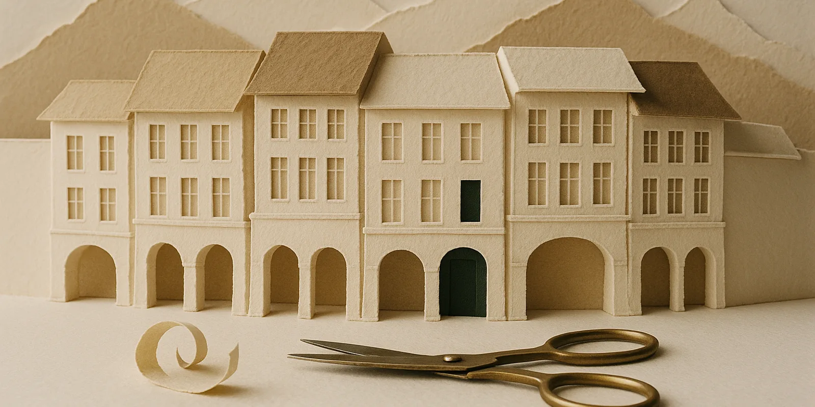 Layered cut-paper Bern arcades below mountain ridges, with a dark green door and brass scissors, for setting up an entity in Switzerland.