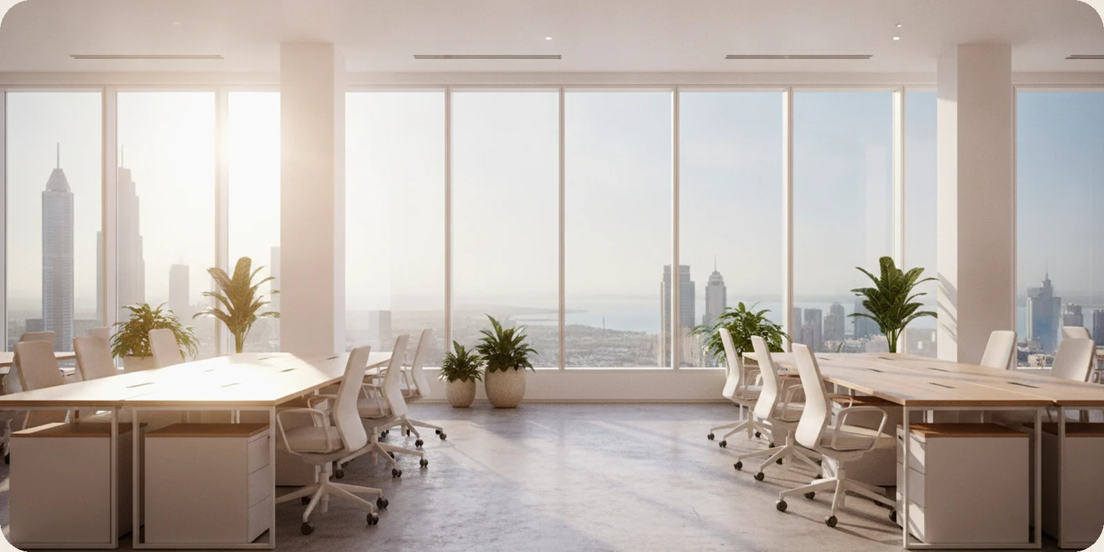 A bright modern office in Dubai with floor-to-ceiling windows over the city skyline, light wood desks and plants in soft morning light.