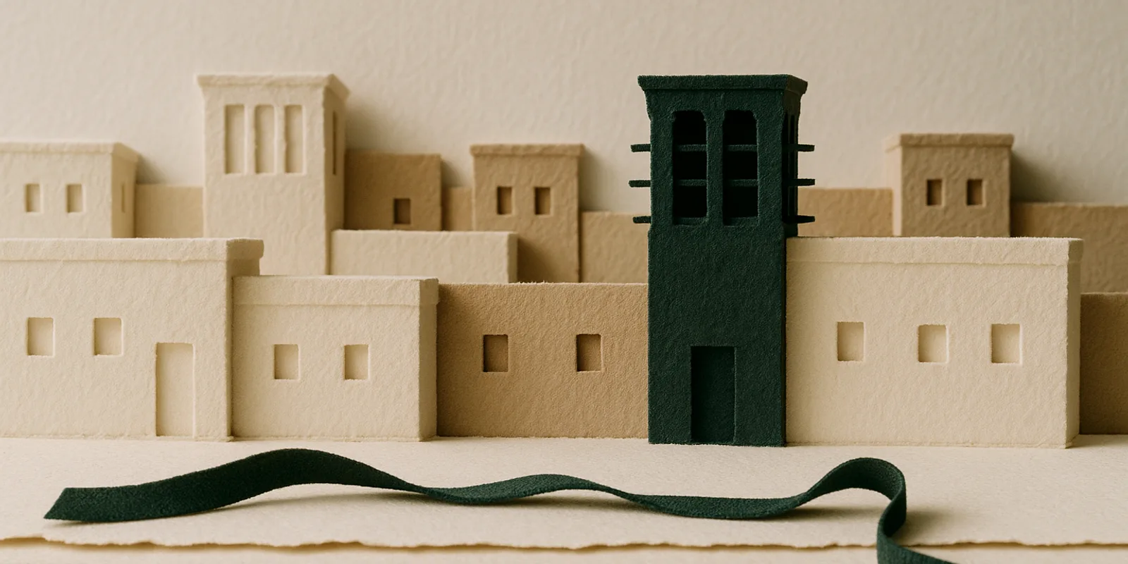 Layered cut-paper courtyard houses with wind towers, one dark green, and a dark green linen ribbon, for visa sponsorship in the United Arab Emirates.