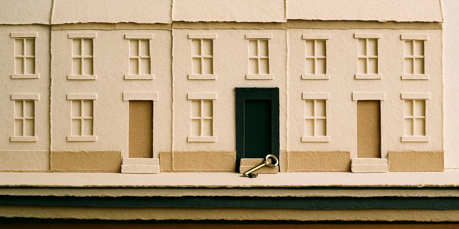 Layered cut-paper terraced houses with one dark green door and a brass key on its step, for a first hire in the United Kingdom.