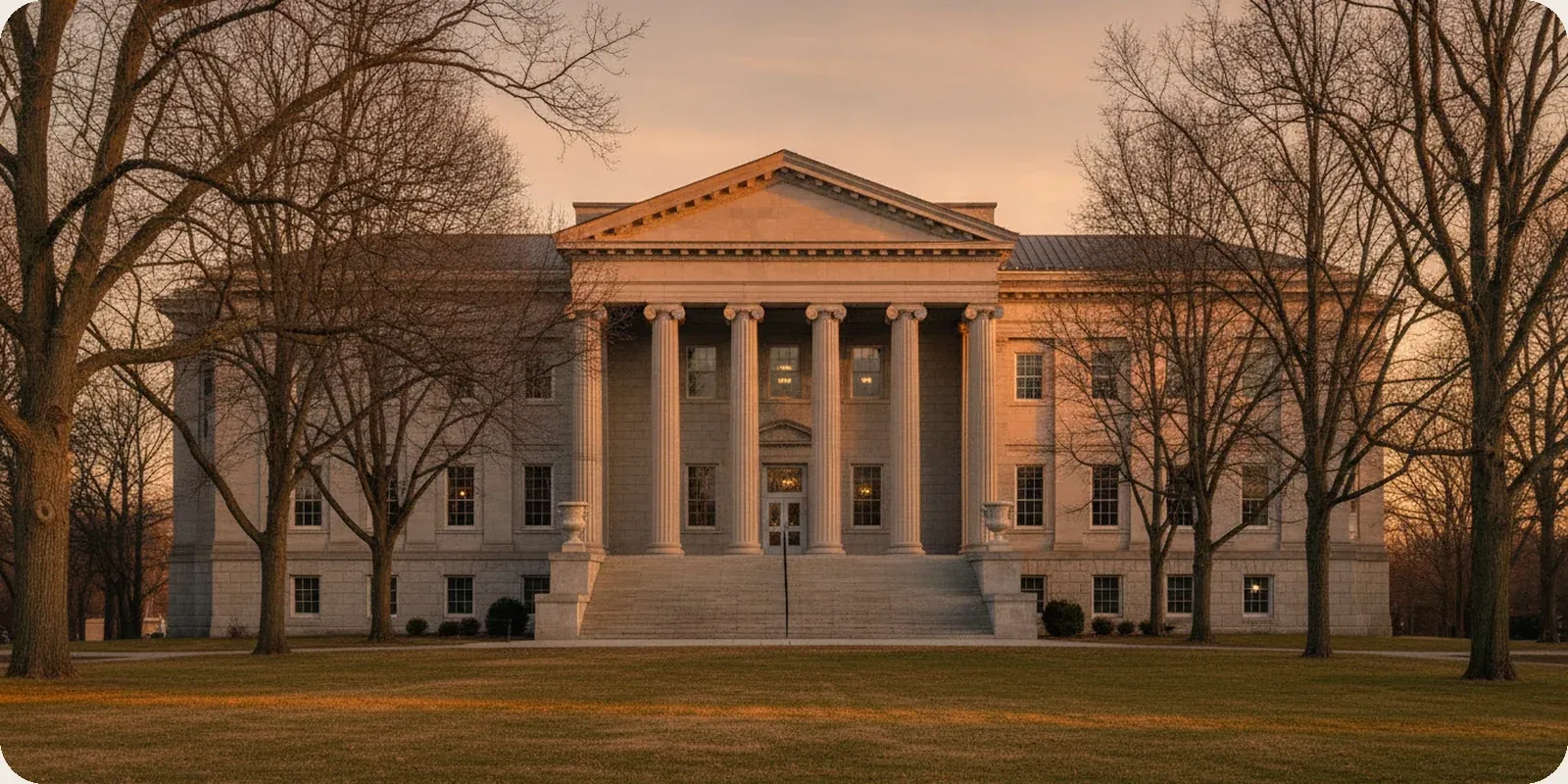 Late afternoon light across the columns and steps of a civic building in Dover, Delaware.