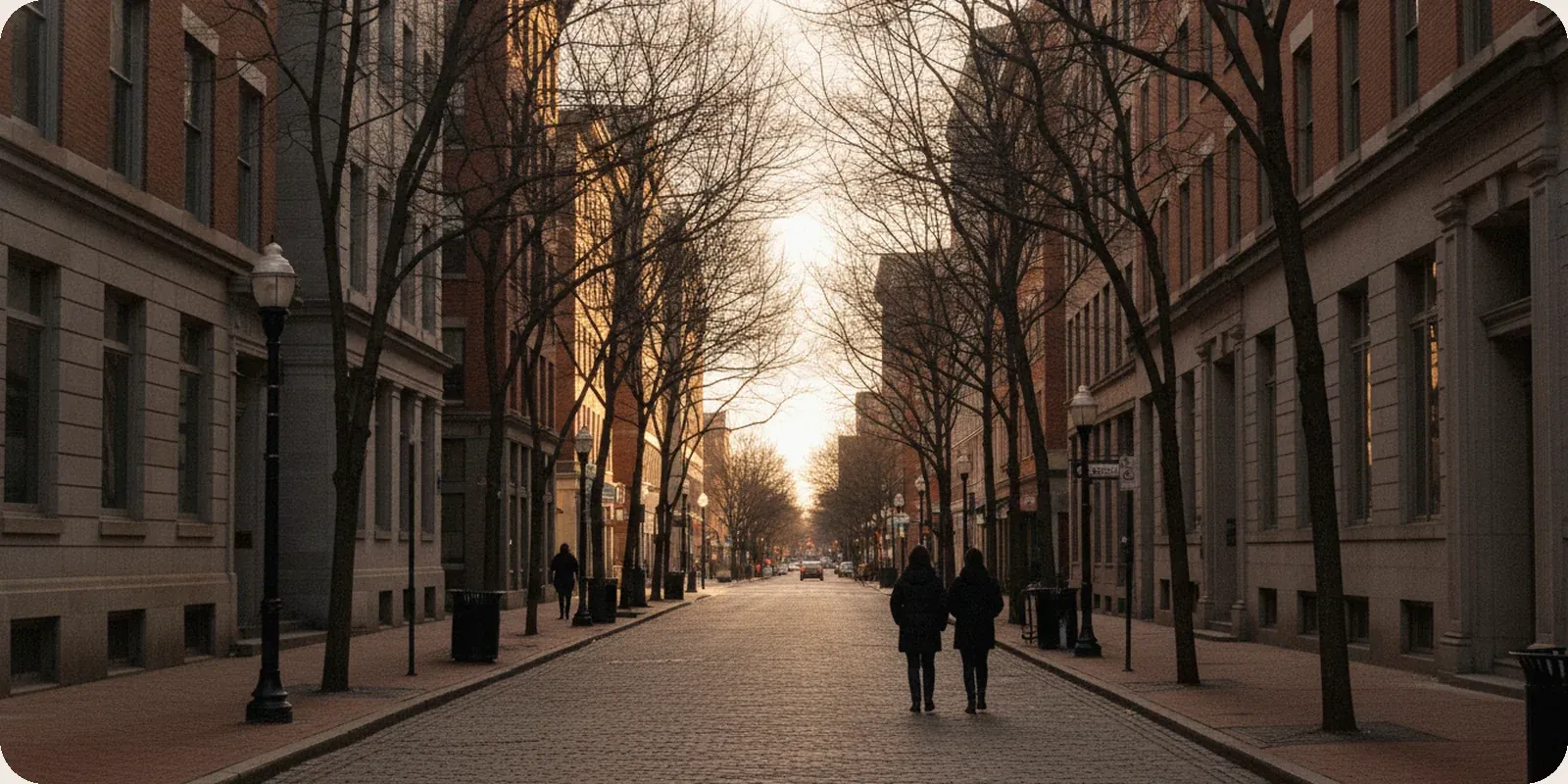 Low winter sun on the brick and stone facades of Wilmington's business district in Delaware.
