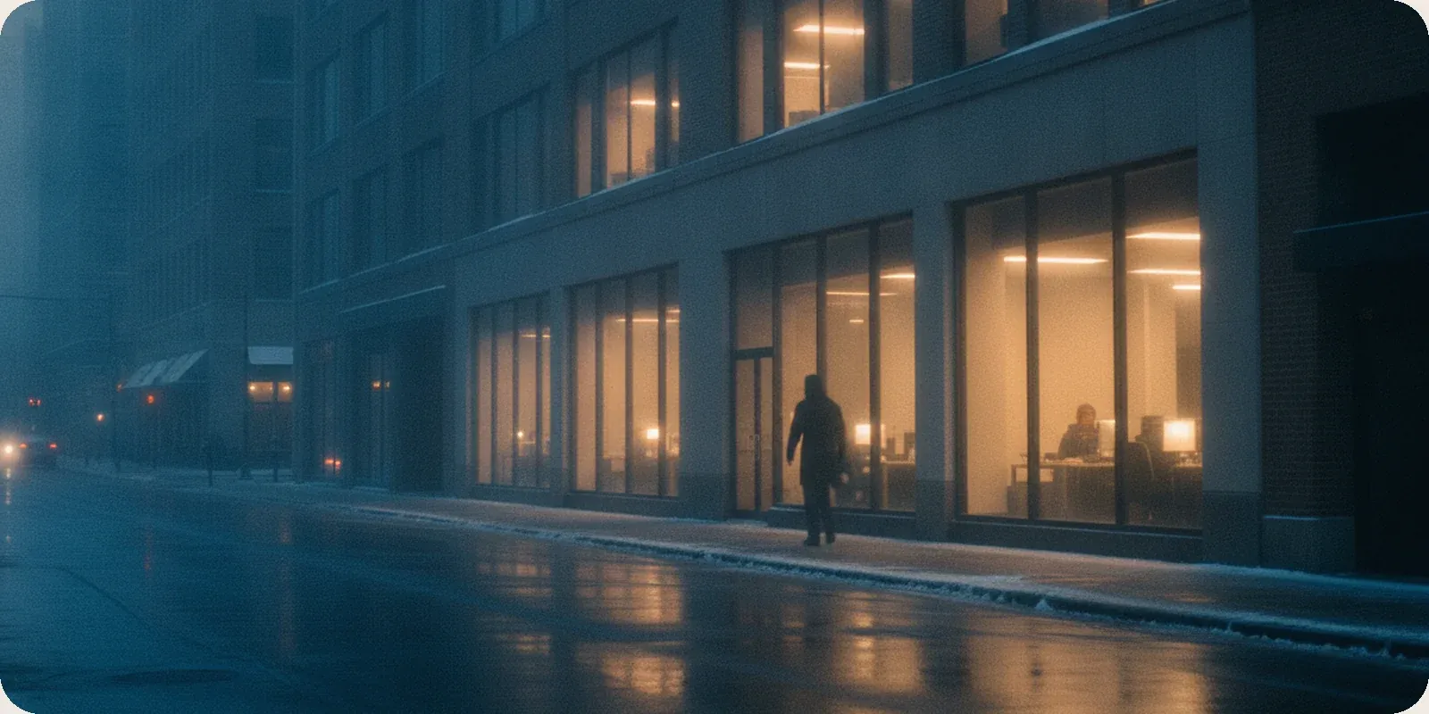 Early morning light on a row of office windows in an American city, seen from across the street.