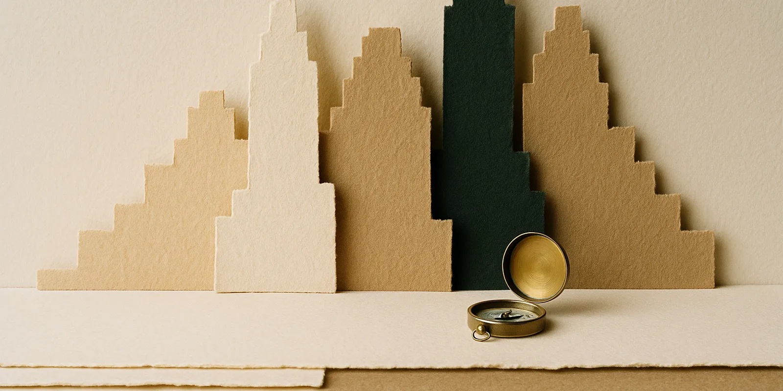 Layered cut-paper Art Deco towers with one dark green tower and a brass compass, for a first hire in the United States.