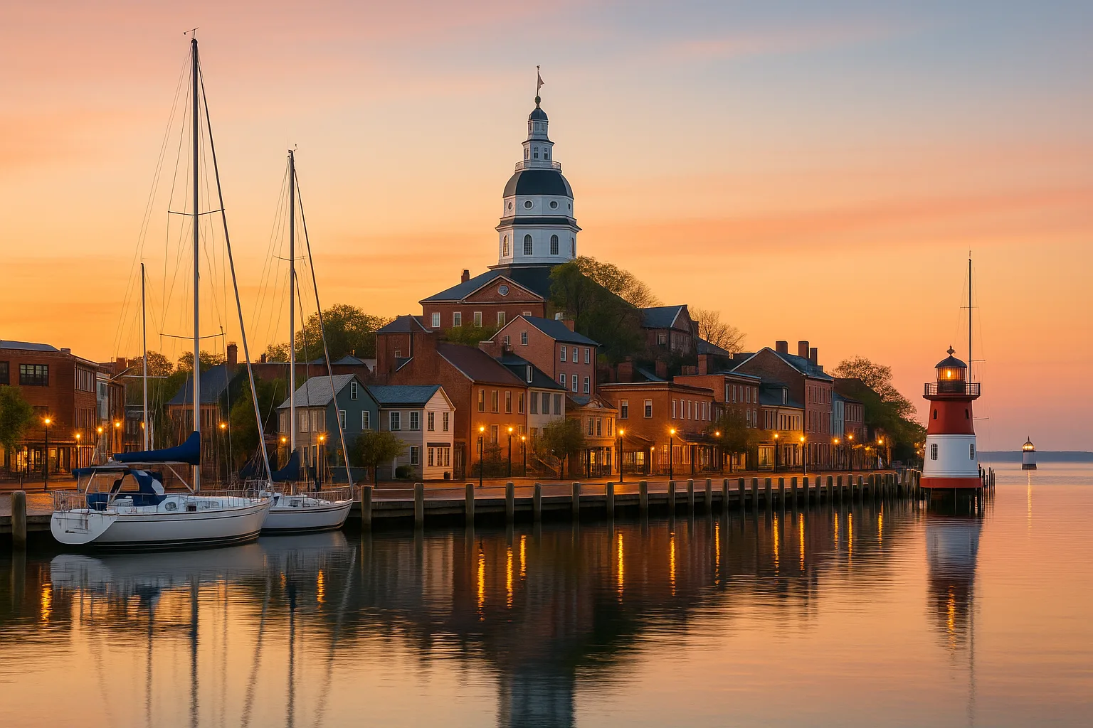 The Annapolis waterfront at dawn, sailboats moored along the City Dock, brick colonial streets climbing to the Maryland State House dome and Chesapeake light on the water.