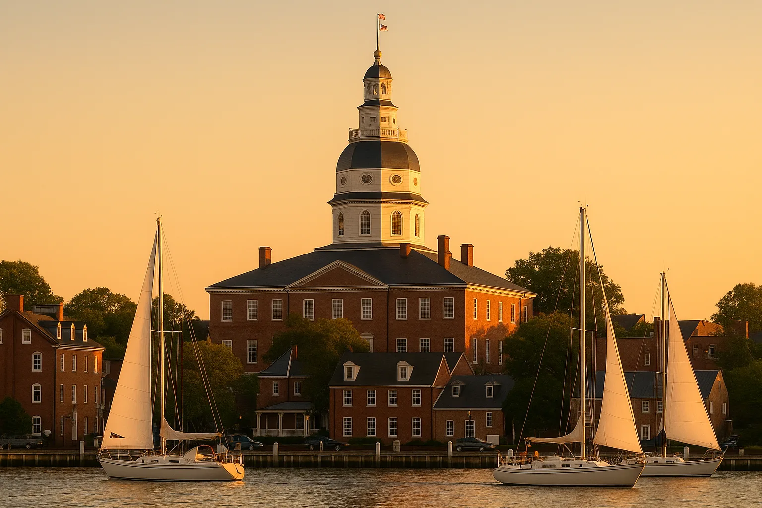 The Maryland State House dome in Annapolis at golden hour, brick and white-trim colonial facade above the harbour, sailboats on the water and a warm clear sky.
