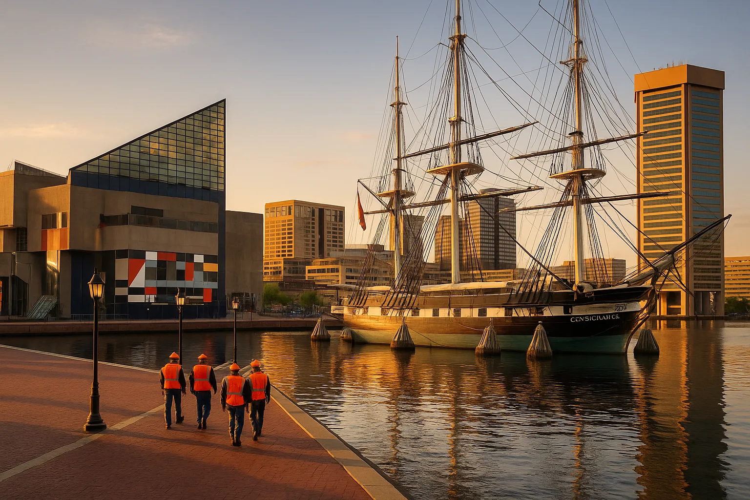 Baltimore Inner Harbor at golden hour, the USS Constellation moored below the National Aquarium and downtown office towers, dock workers walking the waterfront promenade.