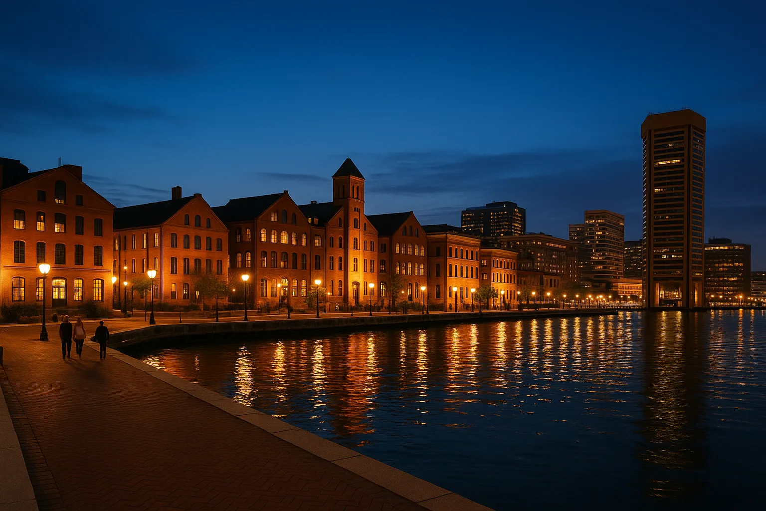 Baltimore Inner Harbor at dusk, warm water reflections and the skyline of historic brick buildings lit against a deepening blue sky, light pedestrian traffic on the waterfront promenade.