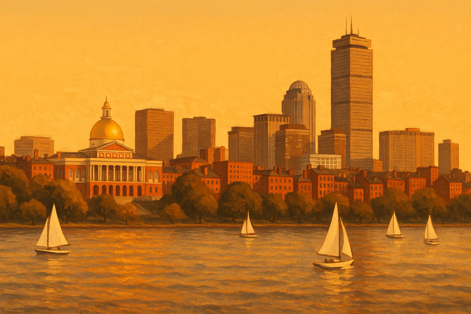 A warm, wide illustration of the Boston skyline at golden hour seen across the Charles River, the gold dome of the Massachusetts State House on Beacon Hill among red-brick rows and modern towers, sailboats on the water under a clear amber sky.