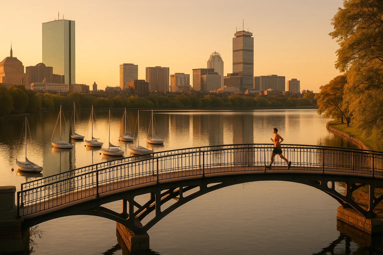 The Boston skyline at dawn across the Charles River, sailboats moored along the Esplanade and a runner crossing the footbridge in soft golden light.