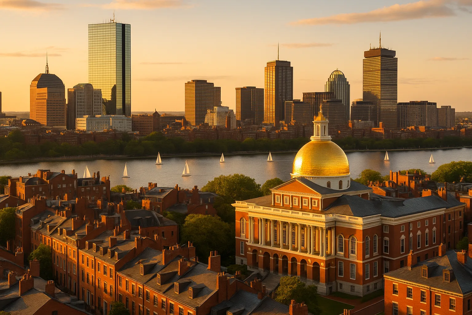 Downtown Boston, Massachusetts at golden hour: the brick rowhouses of Beacon Hill and the gold dome of the State House in the foreground, glass financial-district towers rising behind, with sailboats on the Charles River.