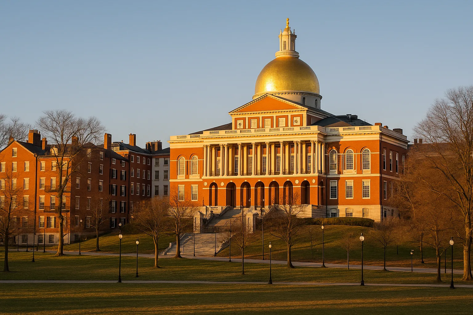 The Massachusetts State House on Beacon Hill in Boston at golden hour, its gilded dome above red-brick row houses, with the Boston Common in the foreground beneath a clear sky.