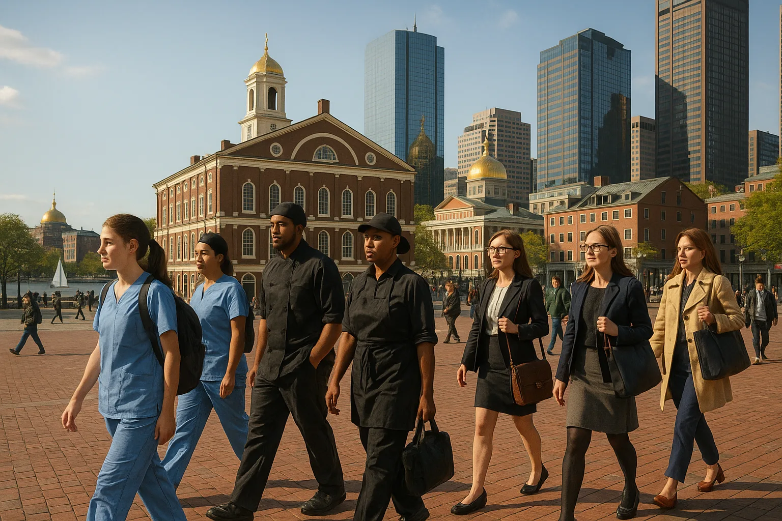 Boston, Massachusetts at shift change on a brisk afternoon: nurses, kitchen staff and office workers crossing a brick plaza near Faneuil Hall, the gold State House dome and glass financial-district towers rising behind, a Charles River sailboat in the distance.