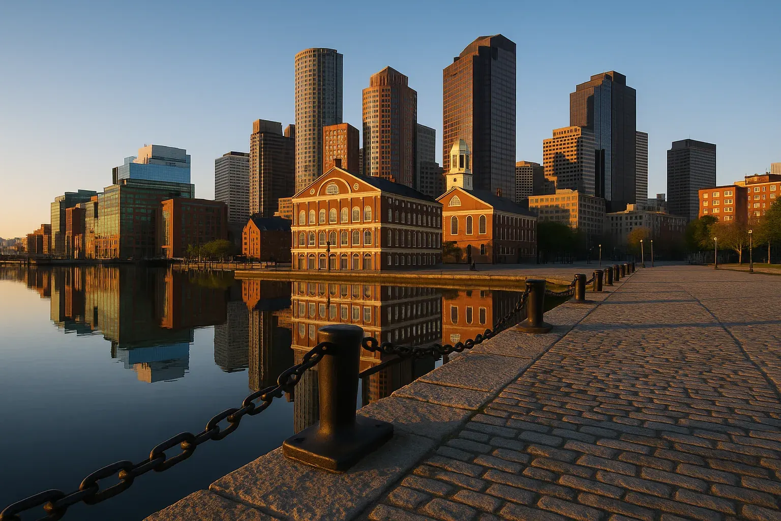 Boston, Massachusetts harbour at early morning, historic Faneuil Hall and city skyline reflected in still water, a clear sky and warm low light, wide empty wharf in the foreground.
