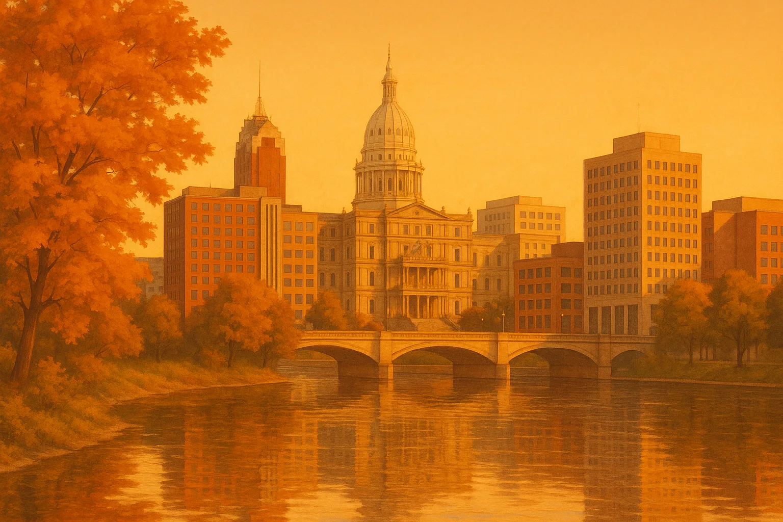 A warm, wide illustration of the Lansing skyline at golden hour, the Michigan State Capitol dome rising among downtown buildings along the Grand River, leafy maples on the near bank under a clear amber sky.