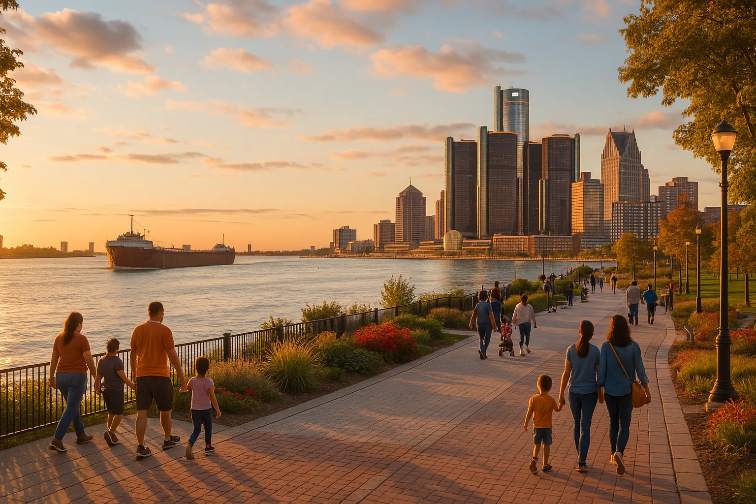 The Detroit RiverWalk at golden hour, families strolling the landscaped promenade along the water as the downtown skyline and Renaissance Center towers catch the last warm light, a freighter easing down the river.