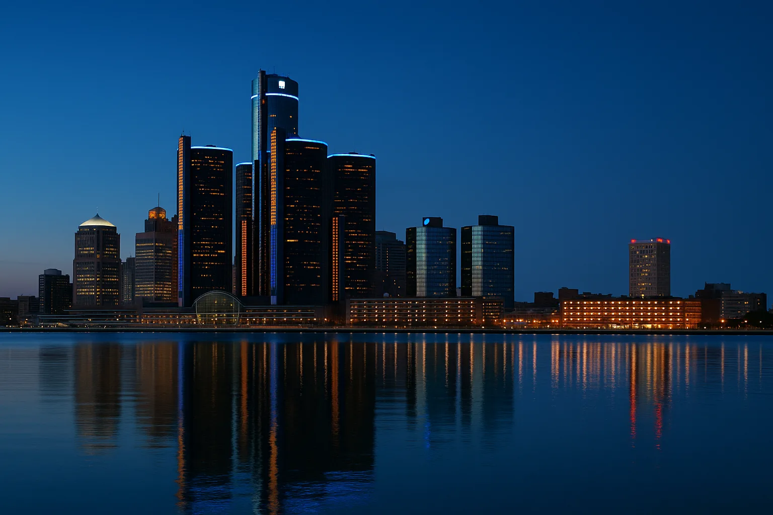 The Detroit, Michigan skyline at dusk along the Detroit River: the Renaissance Center towers and surrounding office buildings reflected in the water under a deep blue evening sky.