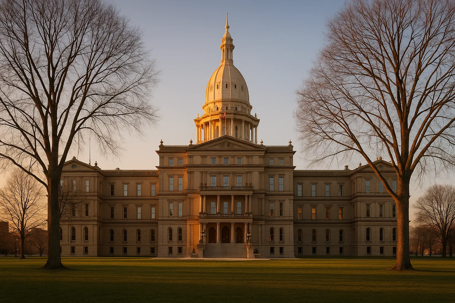 The Michigan State Capitol in Lansing at golden hour, its white dome rising above bare elms and a quiet lawn, warm light across the stone facade beneath a clear sky.