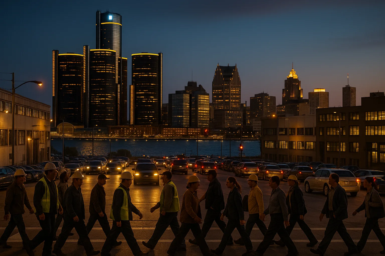 Detroit, Michigan riverfront at dusk: the Renaissance Center and downtown towers lit gold above the Detroit River, with auto-plant and office workers crossing a busy street as a shift changes.