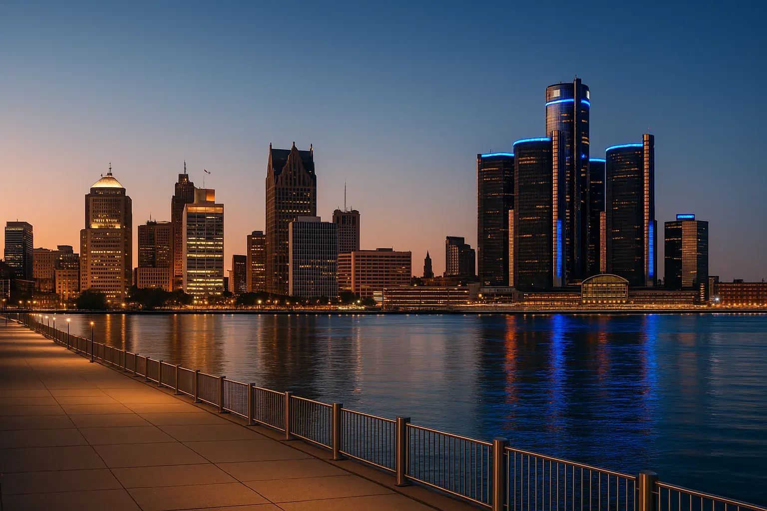 Downtown Detroit skyline at dusk seen across the Detroit River, glass towers lit in amber and blue, a wide waterfront promenade in the foreground beneath a clear sky.