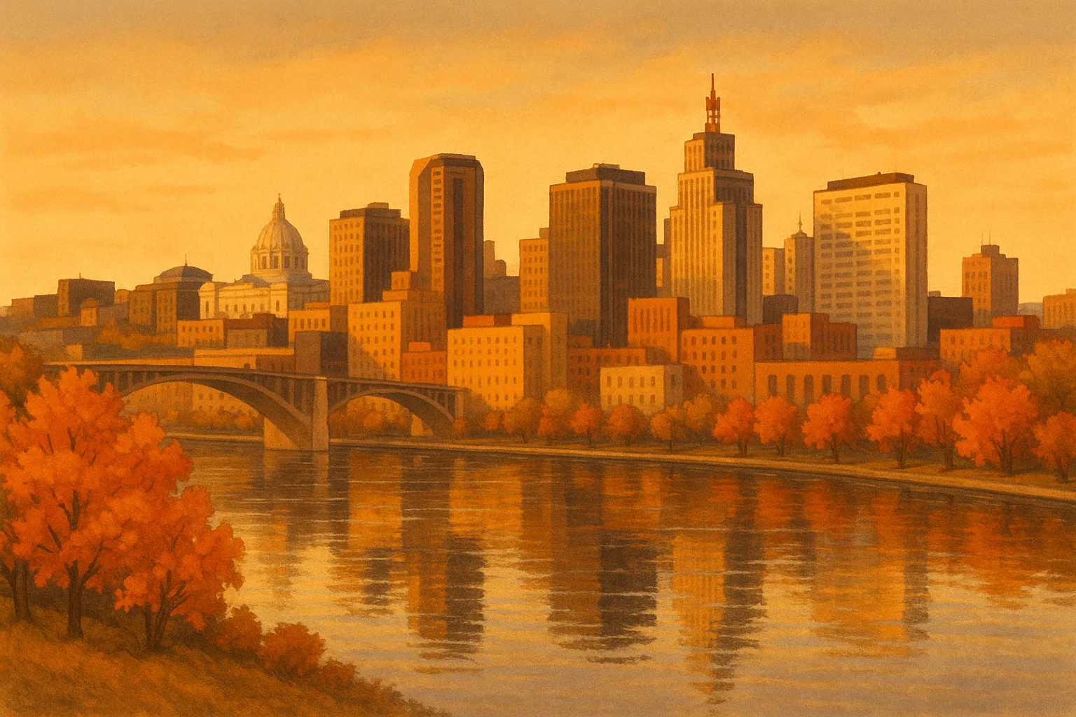 A warm, wide illustration of the Saint Paul skyline at golden hour seen across the Mississippi River, the Minnesota State Capitol dome among downtown towers, autumn maples along the near bank under a soft amber sky.