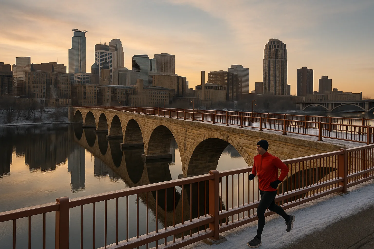 The Minneapolis skyline at dawn reflected in the Mississippi River, the Stone Arch Bridge in the foreground and a runner crossing it in soft winter light.
