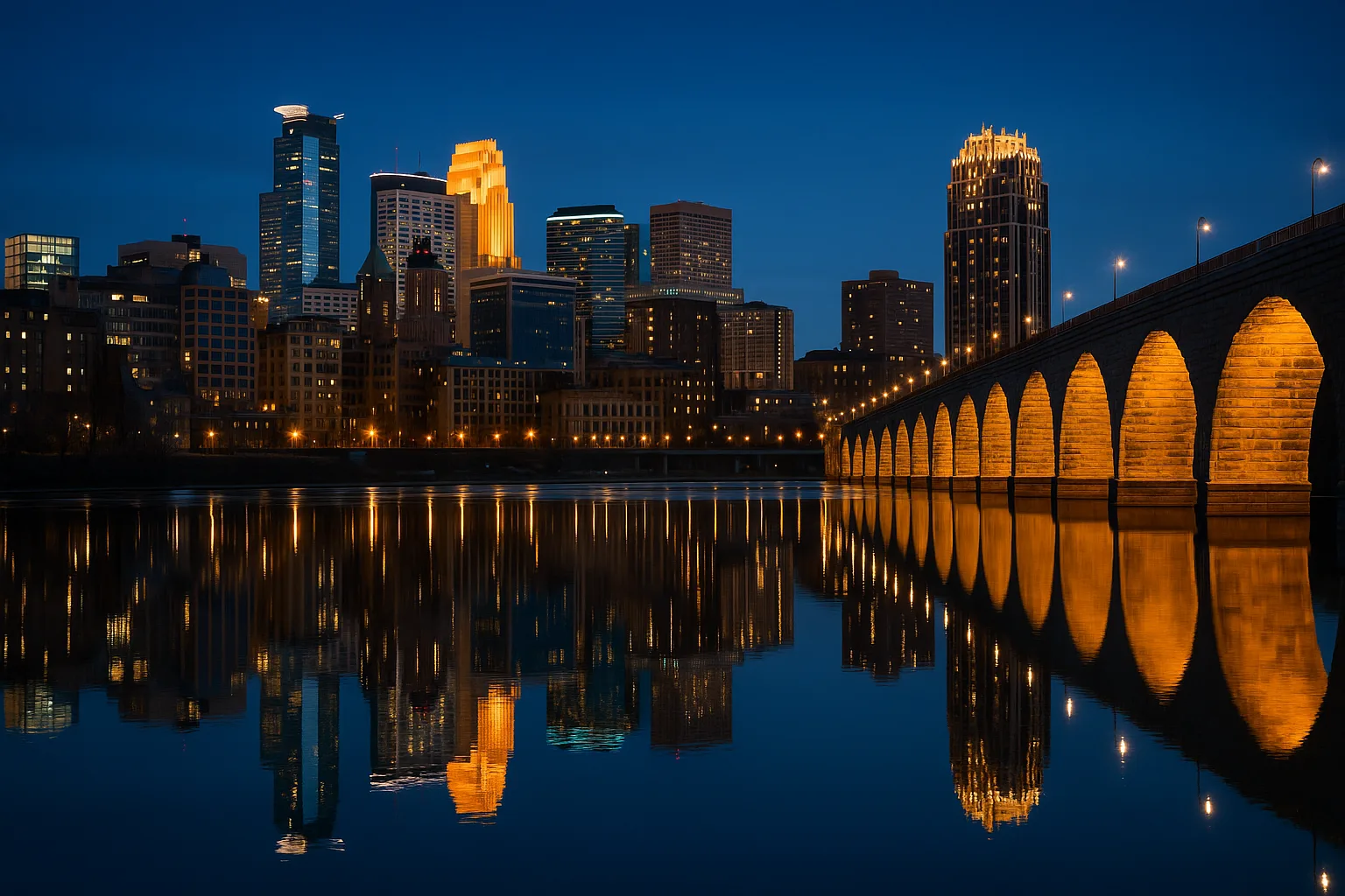 The Minneapolis skyline at dusk along the Mississippi River: glass office towers and the Stone Arch Bridge reflected in the water under a deep blue evening sky.