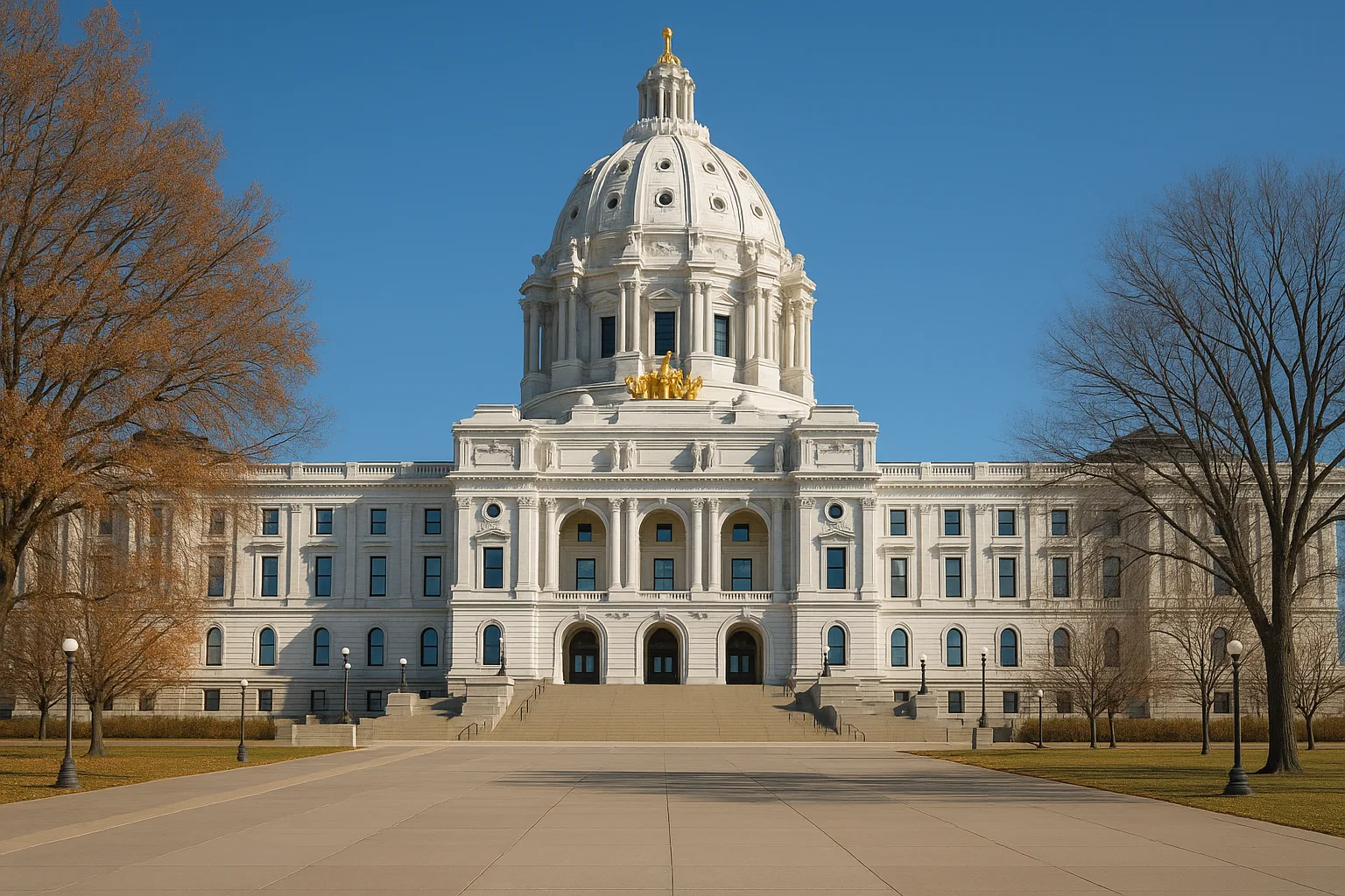 The Minnesota State Capitol in Saint Paul under a clear autumn sky, white Georgian marble dome above bare trees, a wide quiet plaza in the foreground.