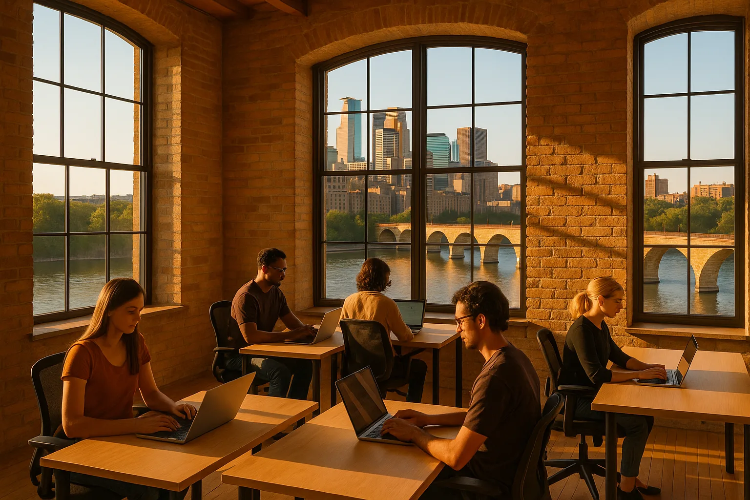 A bright Minneapolis office above the Mississippi riverfront at golden hour, staff at desks with laptops, warm flour-mill brick and tall windows framing the Stone Arch Bridge and the downtown skyline beyond.