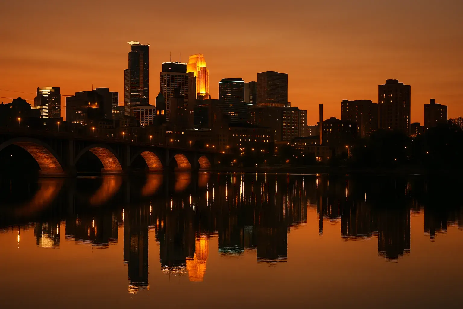 Minneapolis skyline reflected in the Mississippi River at dusk, bridge lights spanning the water, warm amber sky above the city.