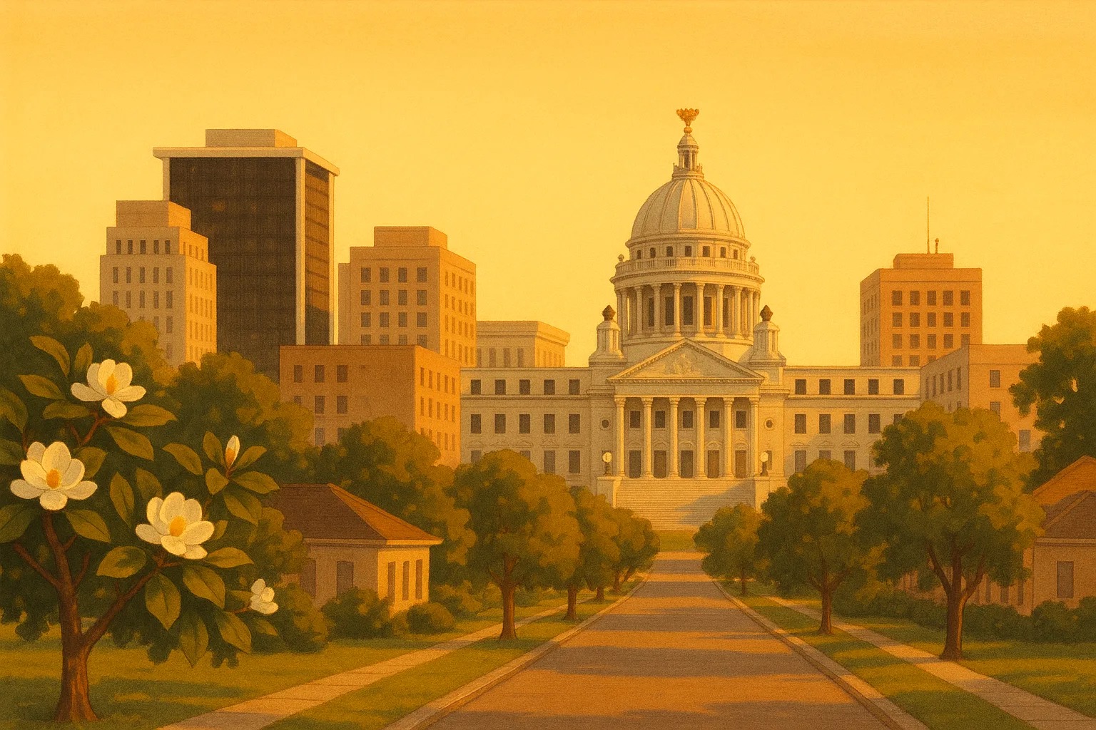 A warm, wide illustration of the Jackson, Mississippi skyline at golden hour, the New Capitol dome rising among low-rise downtown towers, magnolia trees along a quiet near street under a clear amber sky.