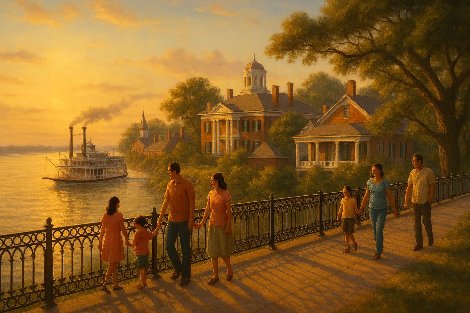 The Natchez bluff at golden hour, families walking a wrought-iron promenade above the Mississippi River, antebellum rooftops and live oaks behind, a paddle steamer easing downstream.