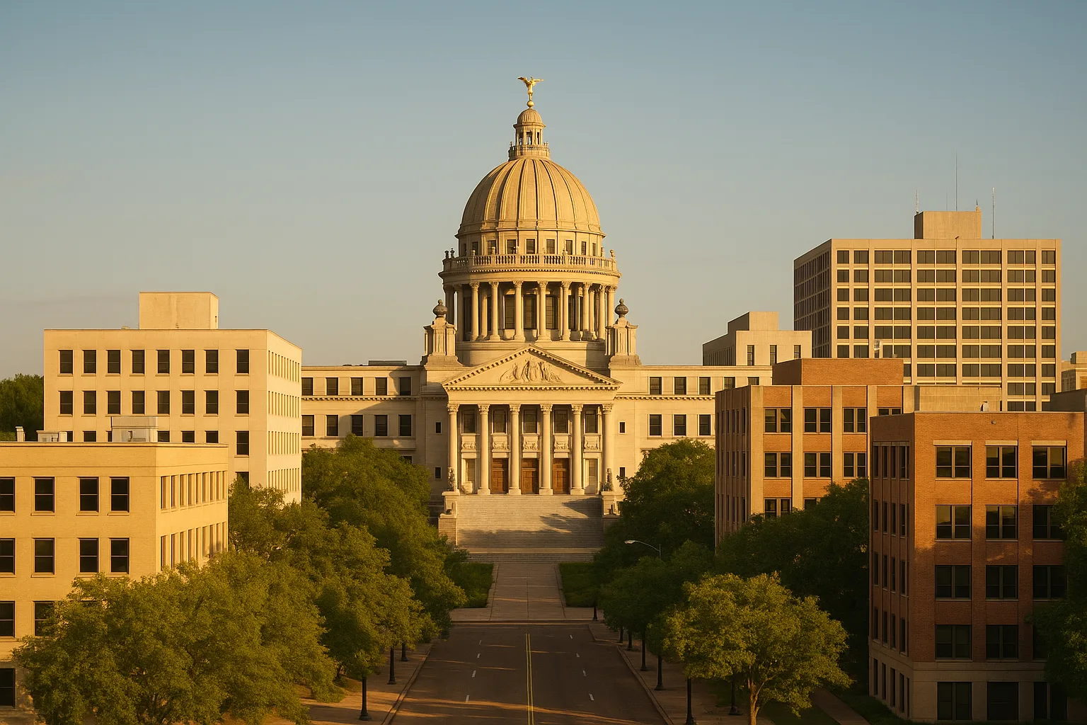 Downtown Jackson, Mississippi in warm afternoon light: the State Capitol dome and low-rise office buildings above tree-lined streets under a clear southern sky.