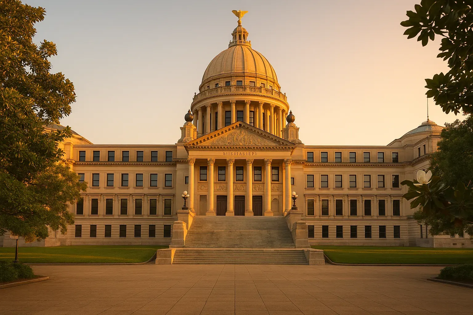 The Mississippi State Capitol in Jackson at golden hour, a white beaux-arts dome rising above magnolia trees, broad stone steps and an empty plaza beneath a clear warm sky.