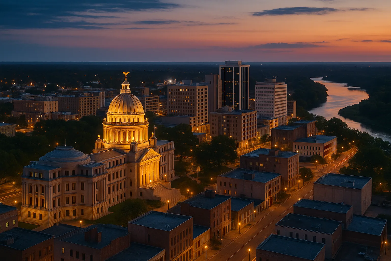 Jackson, Mississippi at dusk with the State Capitol dome lit above downtown rooftops and the Pearl River curving past the city.
