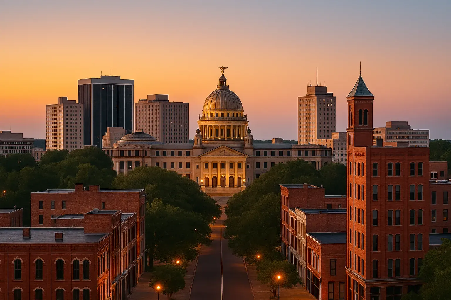 Jackson Mississippi skyline at dusk, state capitol dome visible above tree-lined streets, warm southern light on historic brick buildings and a clear evening sky.