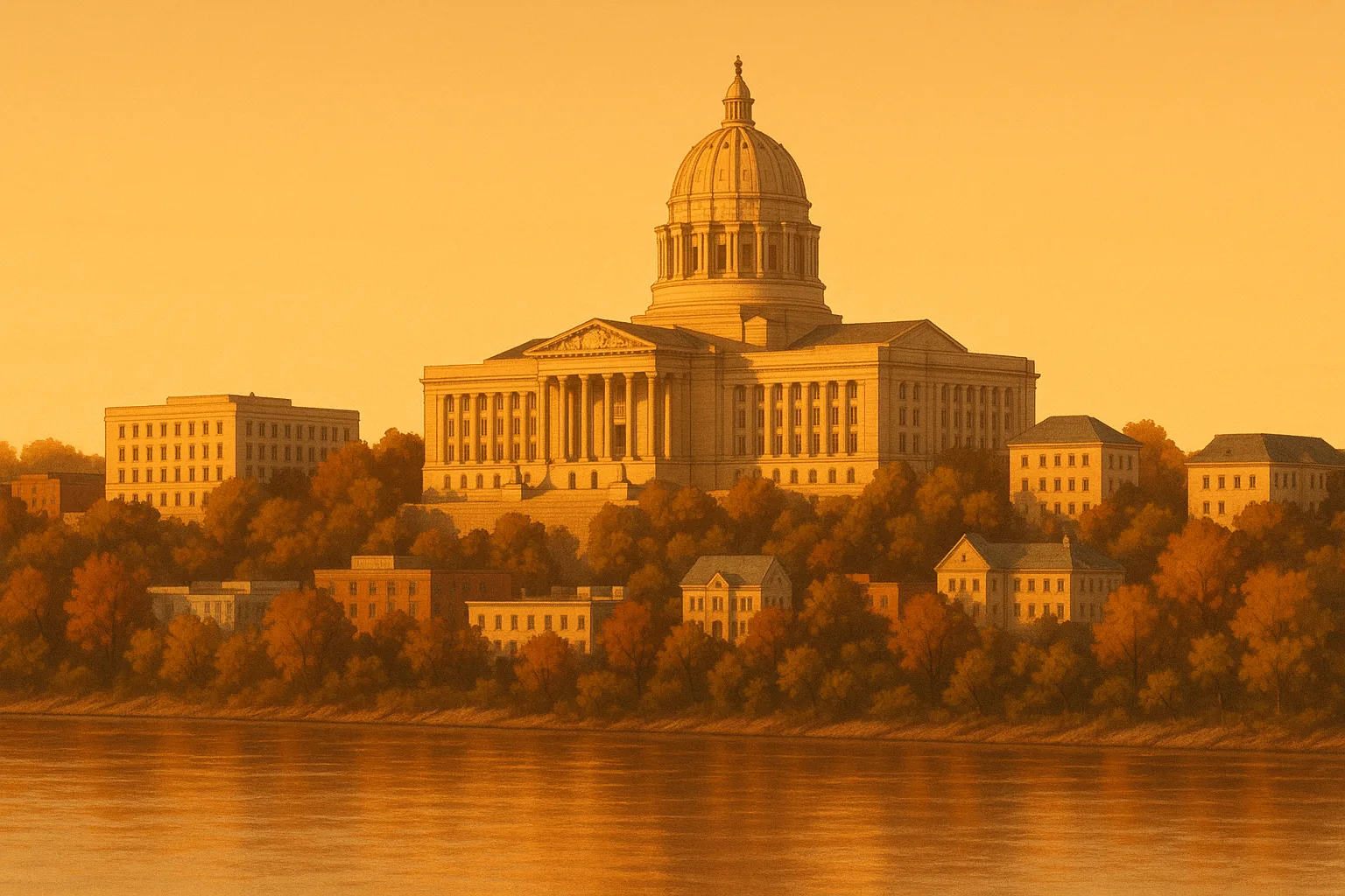 A warm, wide illustration of Jefferson City at golden hour seen across the Missouri River, the domed Missouri State Capitol on the bluff among limestone civic buildings and riverside trees under a clear amber sky.