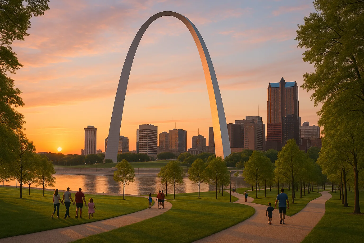 The Gateway Arch at dawn over the Mississippi riverfront, families walking the green lawns and tree-lined paths of the memorial park, downtown St. Louis catching the first light behind the stainless steel curve.