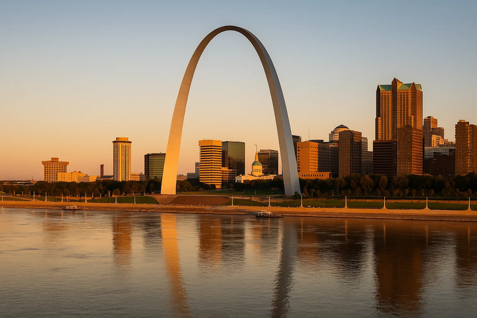 The Gateway Arch rising over the St. Louis, Missouri riverfront at golden hour, with the downtown skyline and the Mississippi River below a clear sky.