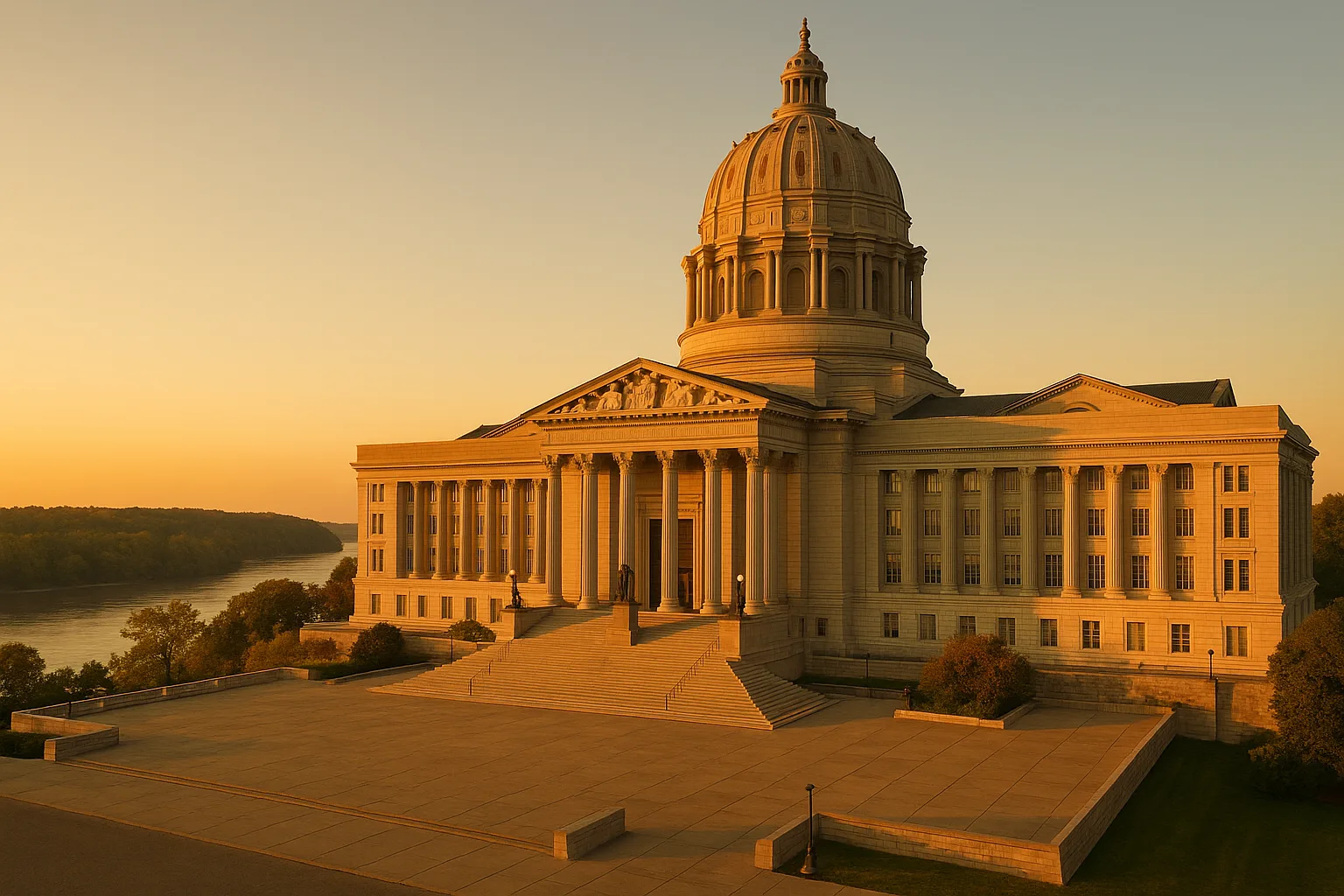The Missouri State Capitol in Jefferson City at golden hour, limestone dome above the Missouri River bluffs, a wide quiet plaza in the foreground beneath a warm clear sky.