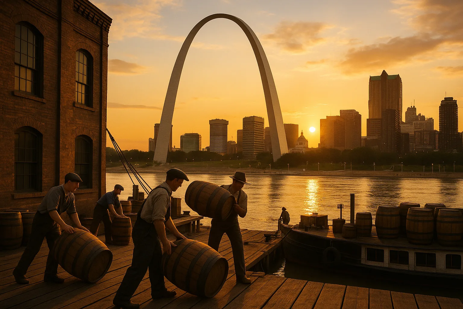 St. Louis, Missouri at golden hour: the Gateway Arch towering over the Mississippi riverfront, warehouse and brewery workers loading a dock in the foreground and the downtown skyline lit behind.