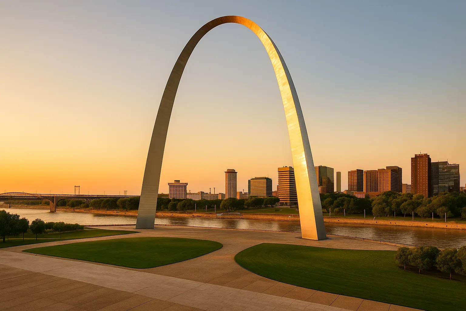 The Gateway Arch in St. Louis seen from the riverfront at golden hour, the stainless steel curve catching warm light above the Mississippi, a wide plaza and green lawn in the foreground.